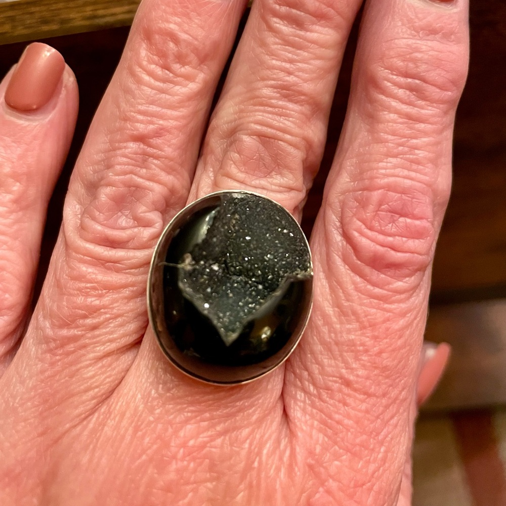 Black Stone Druzy Silver Ring
